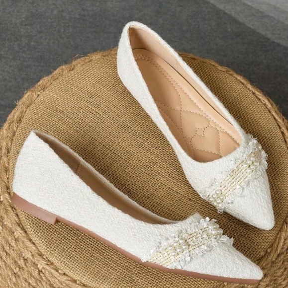 Women's Pointed Toe Flat Shoes,French Style Slip-On Faux Pearl Party/Work Shoes - Picture 3 of 6